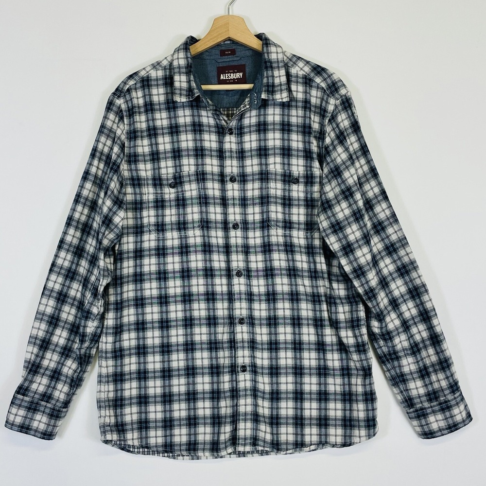Alesbury Men Large Slim Top Shirt Blue Beige Button Long Sleeve Preppy Academic‎